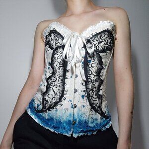 Butterfly on white romantic lace-up boned overbust sweetheart  corset bustier